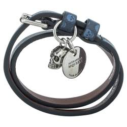 مملوكة مسبقًا Alexander McQueen Blue Skull Print Leather Double Wrap Bracelet