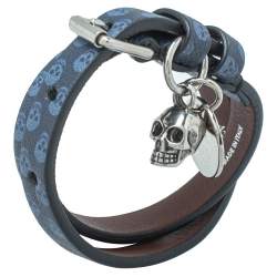 مملوكة مسبقًا Alexander McQueen Blue Skull Print Leather Double Wrap Bracelet