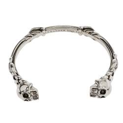 Pre Owned Alexander McQueen Silver Tone Twin Textured Skull Cuff Bracelet