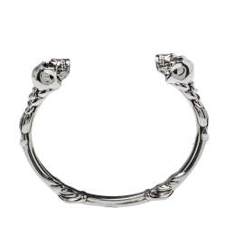 Pre Owned Alexander McQueen Silver Tone Twin Textured Skull Cuff Bracelet