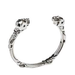 Pre Owned Alexander McQueen Silver Tone Twin Textured Skull Cuff Bracelet