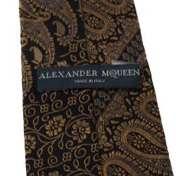 Pre Owned Alexander McQueen Black & Gold Paisley Patterned Silk Jacquard   Tie