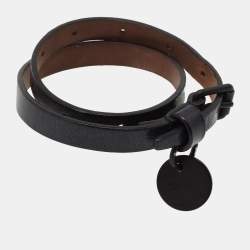 Pre Owned Alexander McQueen Black Leather Double Wrap Skull Charm Bracelet