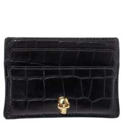 Alexander McQueen Black Crocodile Embossed Leather Skull Card Holder