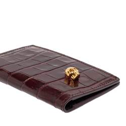 Alexander McQueen Burgundy Croc Embossed Leather Skull Bifold Card Holder 