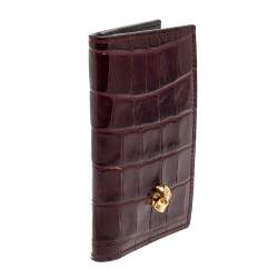 Alexander McQueen Burgundy Croc Embossed Leather Skull Bifold Card Holder 