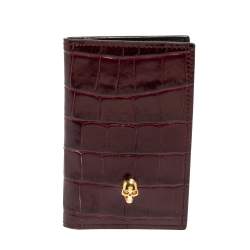 Alexander McQueen Burgundy Croc Embossed Leather Skull Bifold Card Holder 