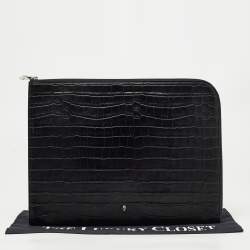 Alexander McQueen Black Croc Embossed Leather Zip Around Pouch