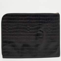 Alexander McQueen Black Croc Embossed Leather Zip Around Pouch