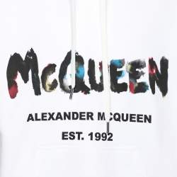 Pre Owned Alexander McQueen White Cotton Knit Logo Print Short Sleeve Hoodie XS