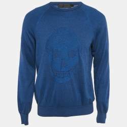 مملوكة مسبقًا Alexander McQueen Blue 3D Skull Embossed Cotton Knit Sweater L