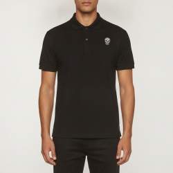 Pre Owned Alexander McQueen Black Embroidered Skull Patch Pique Cotton Polo T-Shirt XL
