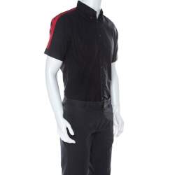 Pre Owned Alexander McQueen Black Cotton Red Stripe Detail Collar Stud Short Sleeve Shirt L