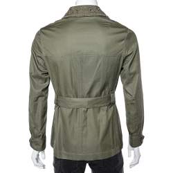 Pre Owned Alexander McQueen Olive Green Cotton Embroidered Collar Detail Belted Parka M