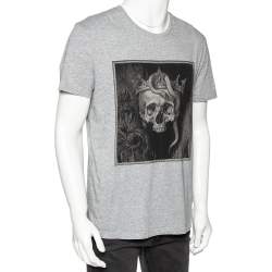 Pre Owned Alexander McQueen Grey Skull Printed Cotton Knit T-Shirt L