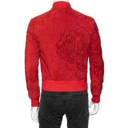 Pre Owned Alexander McQueen Red Suede Skull Embossed Jacket S