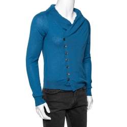Pre Owned Alexander McQueen Blue Cashmere Draped Lapel Detail Cardigan S