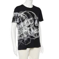 Pre Owned Alexander McQueen Black Cotton Knit Graffiti Skulls Print T-Shirt M