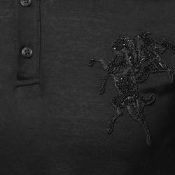 Pre Owned Alexander McQueen Black Cotton Beaded Patch Detail Polo T-Shirt S