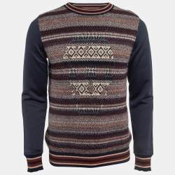 Pre Owned Alexander McQueen Navy Blue/Brown Stripe Intarsia Knit Crew Neck Sweater M