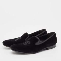 Pre Owned Alexander McQueen Black Velvet Skull Embroidered Smoking Slippers Size 45