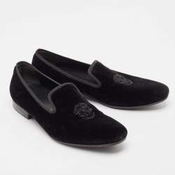Pre Owned Alexander McQueen Black Velvet Skull Embroidered Smoking Slippers Size 45