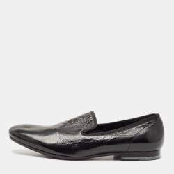 Alexander McQueen Black Patent Leather Skull Embossed Detail Smoking Slippers Size 44