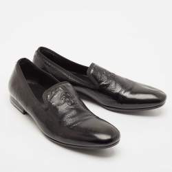 Alexander McQueen Black Patent Leather Skull Embossed Detail Smoking Slippers Size 44