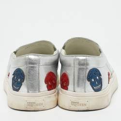 Alexander McQueen Silver Leather Skull Embossed Slip On Sneakers Size 45