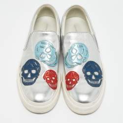 Alexander McQueen Silver Leather Skull Embossed Slip On Sneakers Size 45
