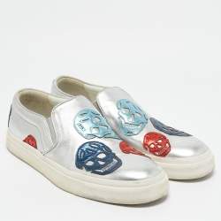 Alexander McQueen Silver Leather Skull Embossed Slip On Sneakers Size 45