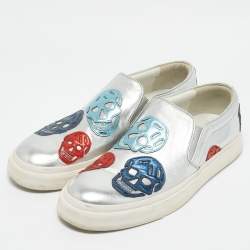 Alexander McQueen Silver Leather Skull Embossed Slip On Sneakers Size 45