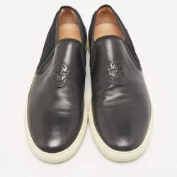Alexander McQueen Black Leather and Calf Hair Skull Logo Embossed Slip On Sneakers Size 45