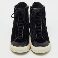 Pre Owned Alexander McQueen Black Velvet and Leather High Top Sneakers Size 42