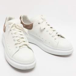 Pre Owned Alexander McQueen White/Taupe Leather and Suede Oversized Lace Up Sneakers Size 45