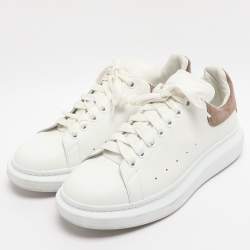 Pre Owned Alexander McQueen White/Taupe Leather and Suede Oversized Lace Up Sneakers Size 45