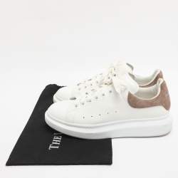 Pre Owned Alexander McQueen White/Taupe Leather and Suede Oversized Lace Up Sneakers Size 45