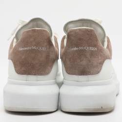 Pre Owned Alexander McQueen White/Taupe Leather and Suede Oversized Lace Up Sneakers Size 45