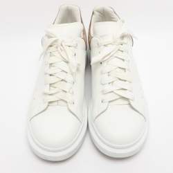 Pre Owned Alexander McQueen White/Taupe Leather and Suede Oversized Lace Up Sneakers Size 45