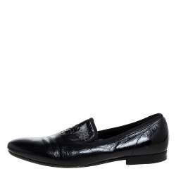 Pre Owned Alexander McQueen Black Patent Embossed Skull Detail Smoking Slippers Size 44