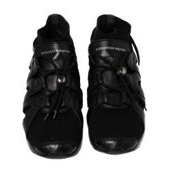 Alexander McQueen Black Knit Fabric And Leather Oversize Sock Low Top Sneakers Size 42