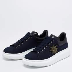 Alexander McQueen Navy Blue/Black Canvas and Leather Embroidered Oversized Sneakers Size 40