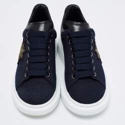 مملوكة مسبقًا Alexander McQueen Navy Blue/Black Canvas and Leather Embroidered Oversized Sneakers Size 40