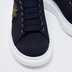 Alexander McQueen Navy Blue/Black Canvas and Leather Embroidered Oversized Sneakers Size 40