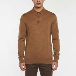 Pre Owned All Saints Brown Logo Embroidered Wool Knit Polo Pullover M