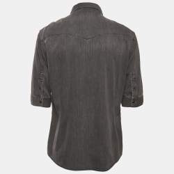 Pre Owned All Saints Dark Grey Distressed Denim Half Sleeve Button Front Shirt XL