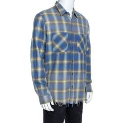 Pre Owned Amiri Blue And Yellow Cotton Plaid Frayed Edge Detail Shirt L