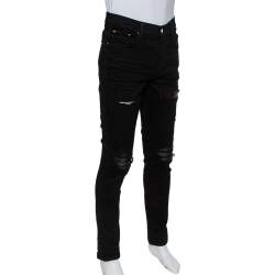 Pre Owned Amiri Black Denim Leather Patched Knee Detail Distressed Jeans L