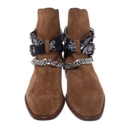 Amiri Camel Suede Chain Link Embellished Bandana Buckle Ankle Boots Size 42