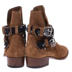 Amiri Camel Suede Chain Link Embellished Bandana Buckle Ankle Boots Size 42